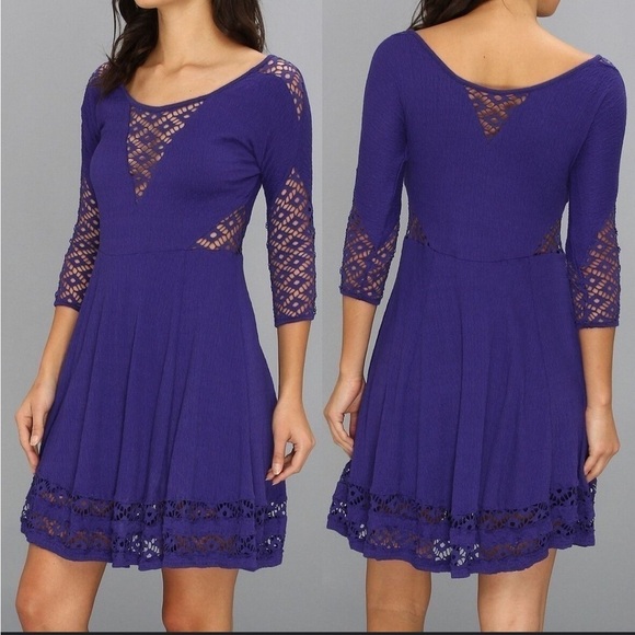 Free People Dresses & Skirts - FREE PEOPLE To The Point Dress Size S Purple 3/4 Sleeve Crochet Panels Lined EUC